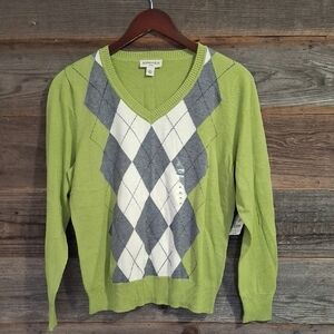 Wome S St. John's Bay Lime Green Argyle V-Neck Sweater #3